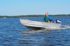 Paul in his Feathercraft Penguin with '58 Fleetwin 7-1/2